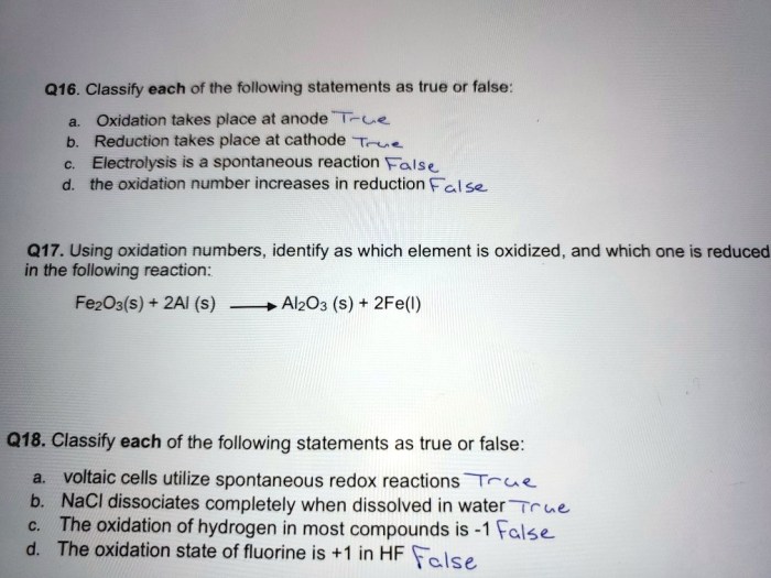 Classify the statements about redox reactions as true or false